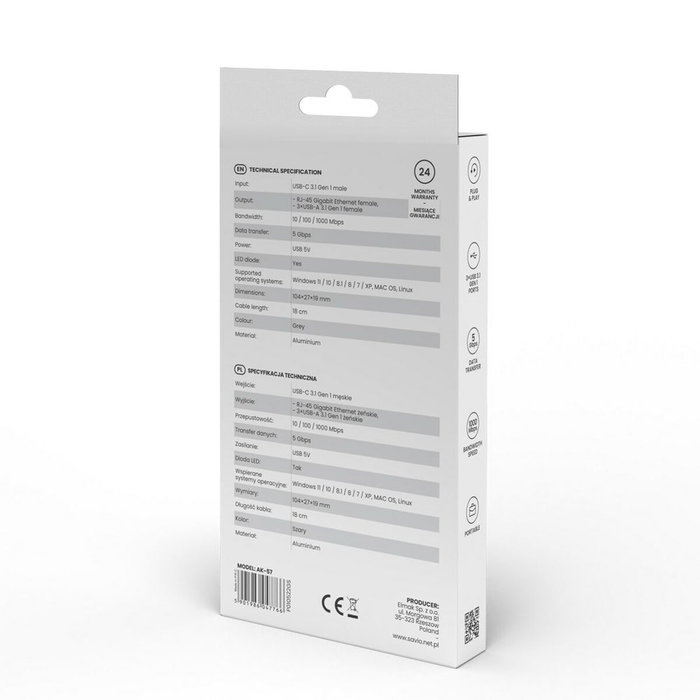 Savio ak-57 usb-c - hub 3 x usb-a con adaptador rj-45 gigabit ethernet, 5000 mbit/s, gris