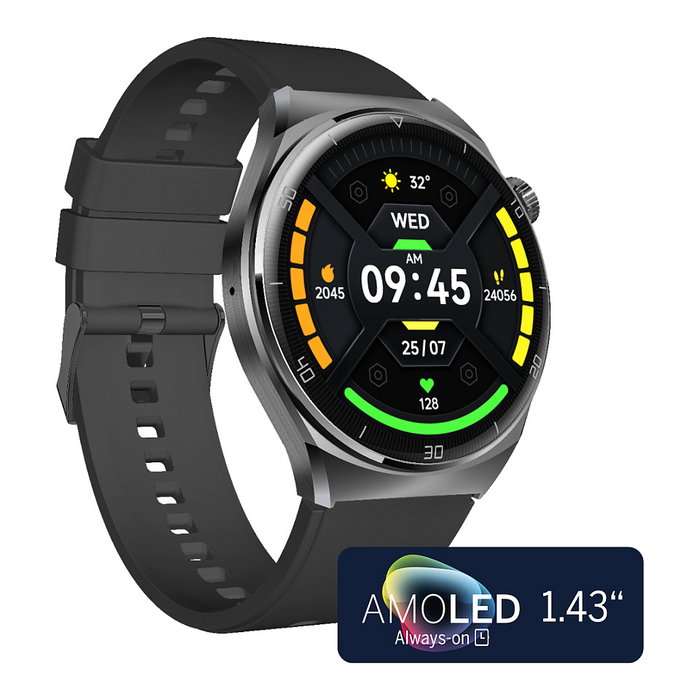 bea-fon Smartwatch 401 con AMOLED y GPS, Monitor de Frecuencia Cardíaca y Oxígeno, Bluetooth 5.3, Silicona Negro-Plata, IP67, 7 Días Batería