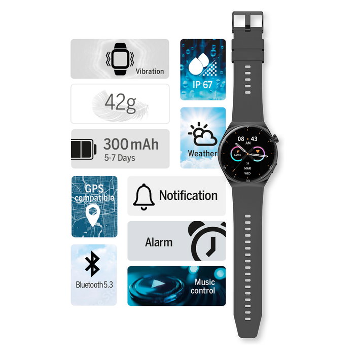 bea-fon Smartwatch 401 con AMOLED y GPS, Monitor de Frecuencia Cardíaca y Oxígeno, Bluetooth 5.3, Silicona Negro-Plata, IP67, 7 Días Batería