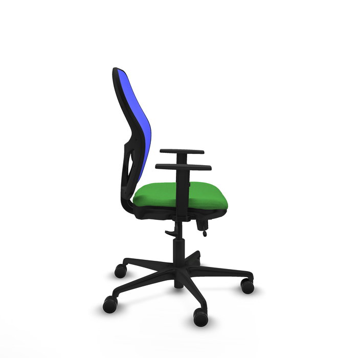 Silla de oficina Jorquera con mecanismo Sincro/Traslack tapizada con Tela color Verde y malla color Azul. Equipada con lumbar 1D, Brazos 1D y Ruedas 65mm nailon