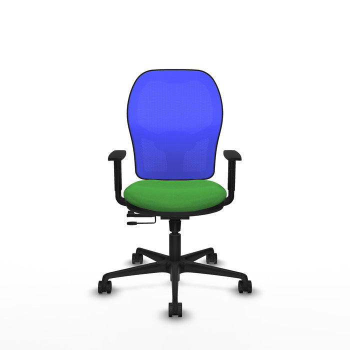 Silla de oficina Jorquera con mecanismo Sincro/Traslack tapizada con Tela color Verde y malla color Azul. Equipada con lumbar 1D, Brazos 1D y Ruedas 65mm nailon