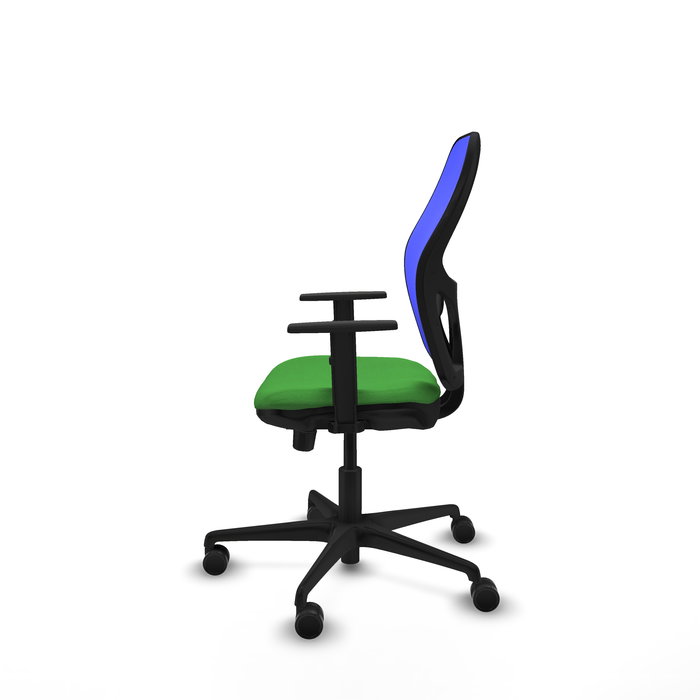 Silla de oficina Jorquera con mecanismo Sincro/Traslack tapizada con Tela color Verde y malla color Azul. Equipada con lumbar 1D, Brazos 1D y Ruedas 65mm nailon
