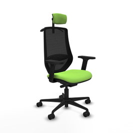 Silla de oficina Mardos con mecanismo Sincro/Traslack tapizada con Tela color Pistacho y malla color Negro. Equipada con lumbar 1D, Brazos 2D, Cabecero 2D y Ruedas 65mm nailon