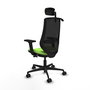 Silla de oficina Mardos con mecanismo Sincro/Traslack tapizada con Tela color Pistacho y malla color Negro. Equipada con lumbar 1D, Brazos 2D, Cabecero 2D y Ruedas 65mm nailon