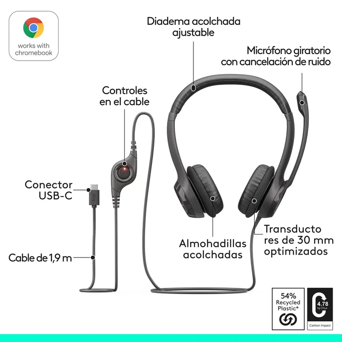 Logitech H390 Auriculares Diadema USB-C con Micrófono Cancelación de Ruido para Llamadas y Música - Negro