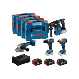 Bosch Professional BOS4053423706734 - Kit combinado de herramientas eléctricas 18V (taladro percutor, atornillador, amoladora, linterna) con 2 baterías de 5.0Ah y 1 de 5.5Ah