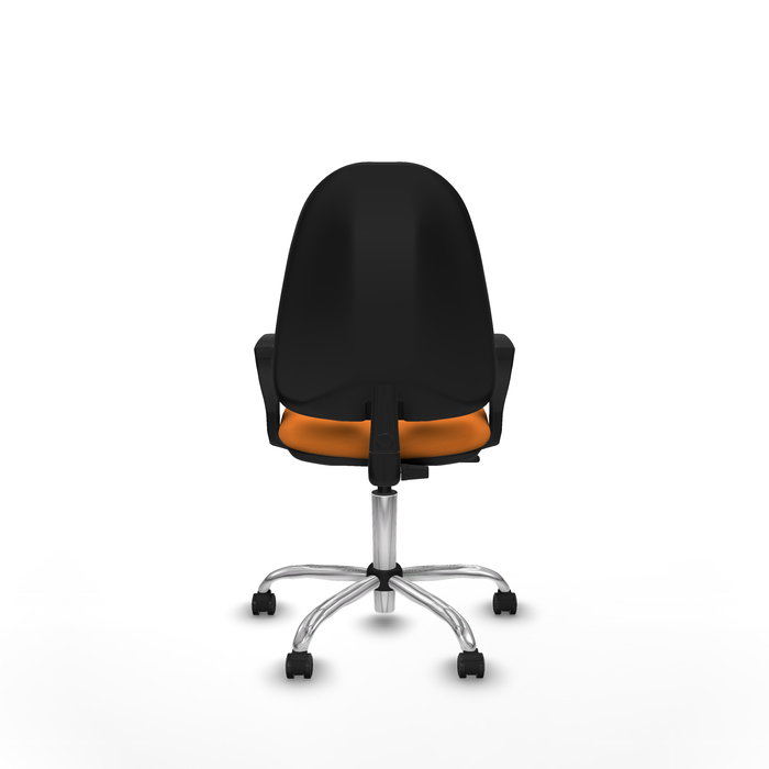 Silla de oficina Algarra con mecanismo Contacto permanente básico tapizada con Similpiel color Naranja. Equipada con Base cromada, Brazos fijos y Ruedas de parqué Silla de oficina Algarra con mecanismo Contacto permanente básico tapizada con Similpiel color Naranja. Equipada con Base cromada, Brazos fijos y Ruedas de parqué