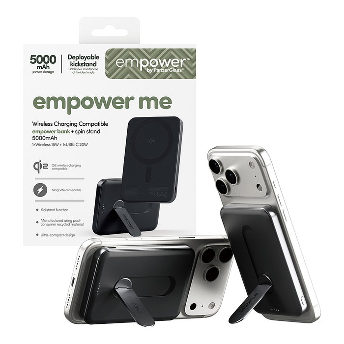 PanzerGlass Empower Bank w. Spin Stand - Banco de Potencia con Cargador Inalámbrico de 15W, 5000mAh, Color Negro Espacial