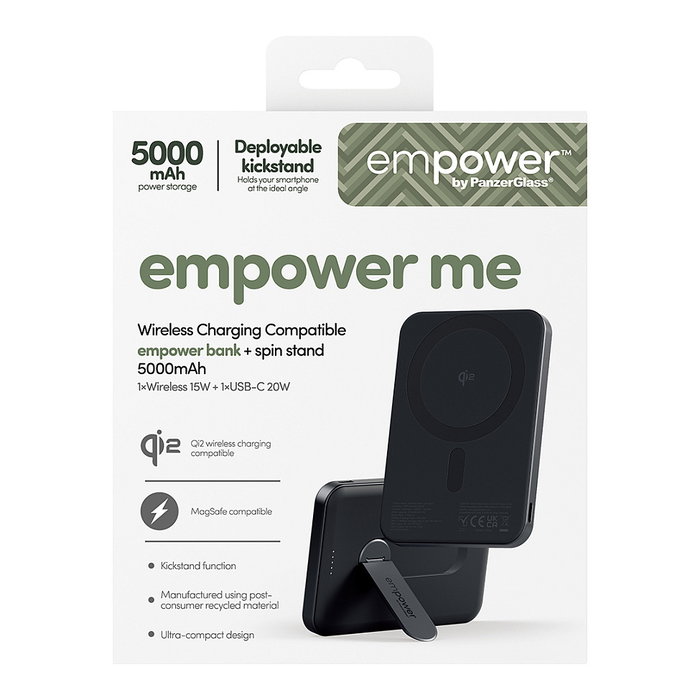 PanzerGlass Empower Bank w. Spin Stand - Banco de Potencia con Cargador Inalámbrico de 15W, 5000mAh, Color Negro Espacial