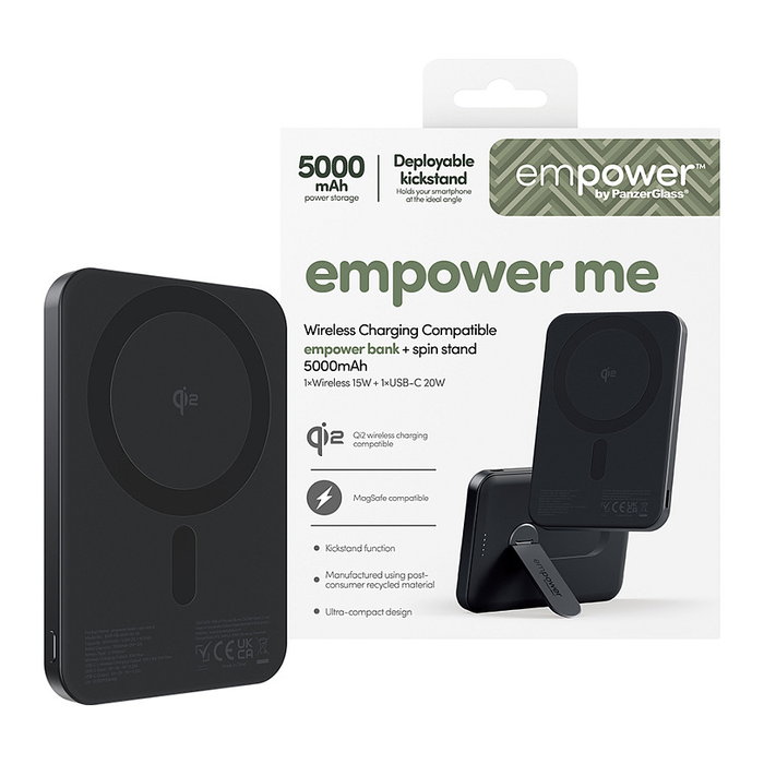 PanzerGlass Empower Bank w. Spin Stand - Banco de Potencia con Cargador Inalámbrico de 15W, 5000mAh, Color Negro Espacial