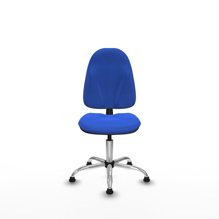 Silla de oficina Algarra con mecanismo Contacto permanente básico tapizada con Tela color Azul. Equipada con Base cromada, Sin brazosy Topes