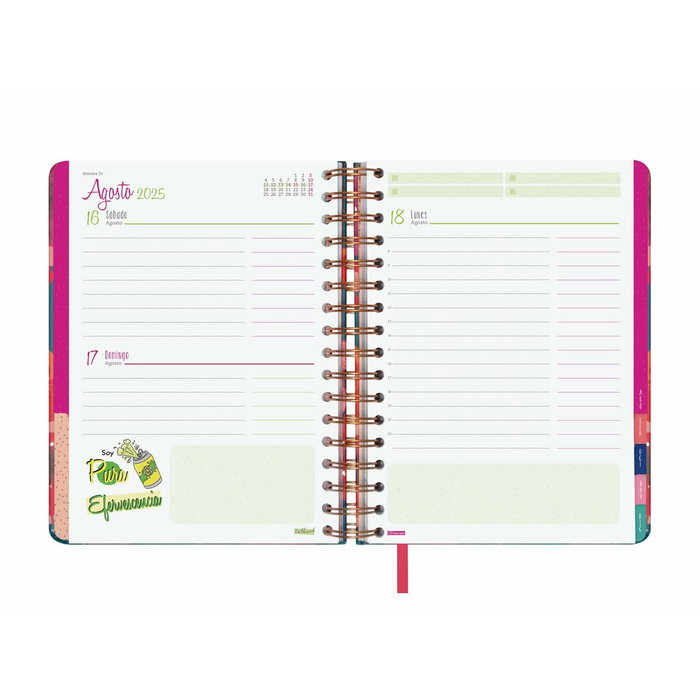 Finocam Agenda Anual Talkual Espiral 4º-155x217 mm 1Dp Flor 2025, Tapa Dura con Estampación Metálica y Accesorios