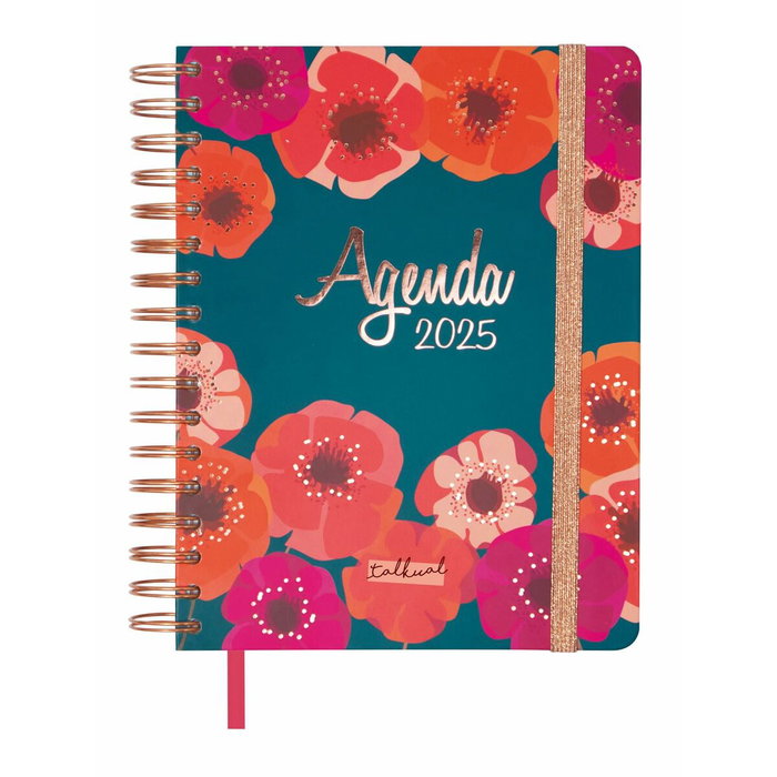 Finocam Agenda Anual Talkual Espiral 4º-155x217 mm 1Dp Flor 2025, Tapa Dura con Estampación Metálica y Accesorios