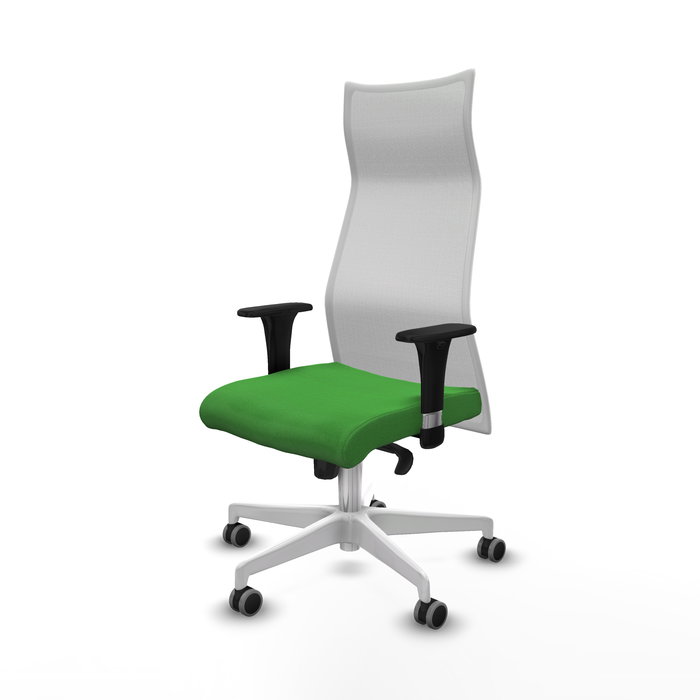 Sillón Albacete con mecanismo Sincro tapizada con Tela color Verde y malla color Blanco. Equipado con Base poliamida blanca, Brazos 1D y Ruedas 65 mm parqué