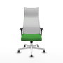 Sillón Albacete con mecanismo Sincro tapizada con Tela color Verde y malla color Blanco. Equipado con Base poliamida blanca, Brazos 1D y Ruedas 65 mm parqué