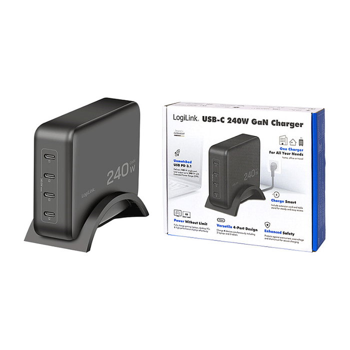 LogiLink Cargador de escritorio USB-C 240 W GaN 4 puertos USB-C PD Negro