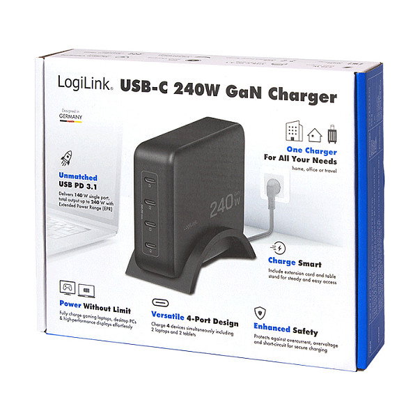 LogiLink Cargador de escritorio USB-C 240 W GaN 4 puertos USB-C PD Negro