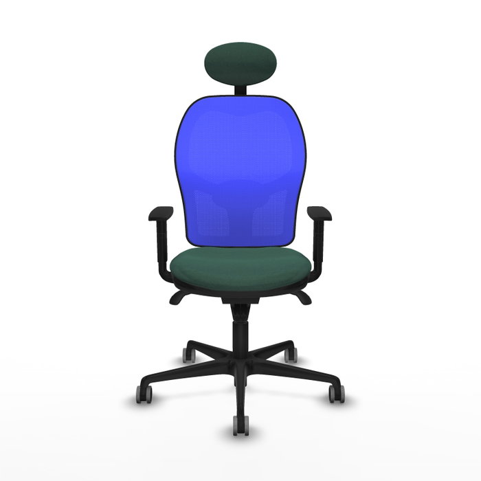 Silla de oficina Jorquera con mecanismo Sincro tapizada con Tela color Verde botella y malla color Azul. Equipada con lumbar 1D, Brazos 1D, Cabecero Fijo y Ruedas 65 mm parqué Silla de oficina Jorquera con mecanismo Sincro tapizada con Tela color Verde botella y malla color Azul. Equipada con lumbar 1D, Brazos 1D, Cabecero Fijo y Ruedas 65 mm parqué