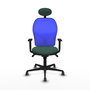 Silla de oficina Jorquera con mecanismo Sincro tapizada con Tela color Verde botella y malla color Azul. Equipada con lumbar 1D, Brazos 1D, Cabecero Fijo y Ruedas 65 mm parqué
