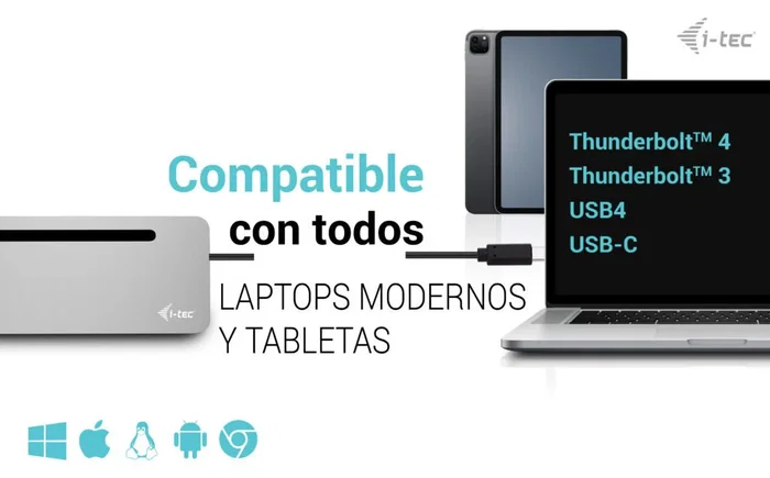 i-tec Dock USB-C Metálico Soporte Portátil con 3 Monitores 4K, 2x DP, 1x HDMI, LAN, Audio, Power Delivery 100W + Cargador Universal 100W - C31FLAT2PDPRO100W