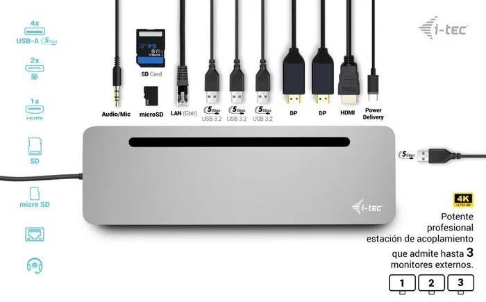 i-tec Dock USB-C Metálico Soporte Portátil con 3 Monitores 4K, 2x DP, 1x HDMI, LAN, Audio, Power Delivery 100W + Cargador Universal 100W - C31FLAT2PDPRO100W
