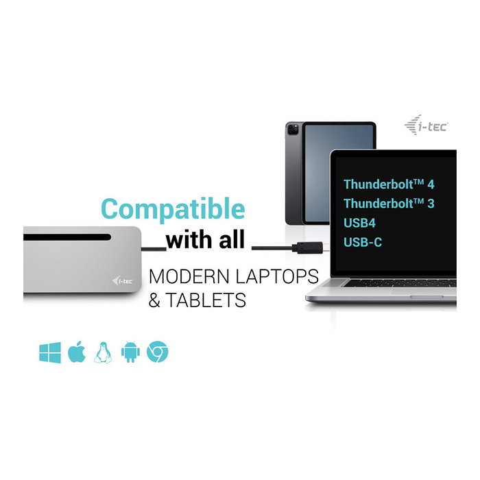 I-tec USB-C Metal Ergonomic Docking Station con Cargador 100W y 3 Pantallas 4K