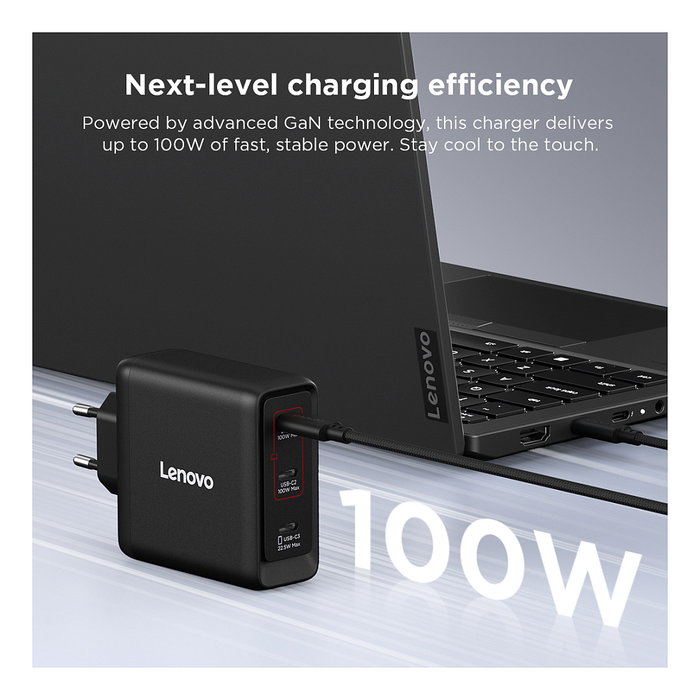 Lenovo 40AW100BEU Cargador Multi-puerto USB-C 100W GaN Negro con Cable de 1,8 m