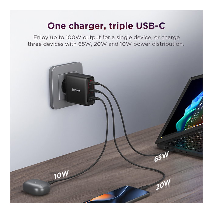 Lenovo 40AW100BEU Cargador Multi-puerto USB-C 100W GaN Negro con Cable de 1,8 m