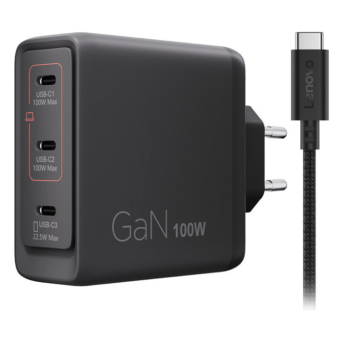 Lenovo 40AW100BEU Cargador Multi-puerto USB-C 100W GaN Negro con Cable de 1,8 m