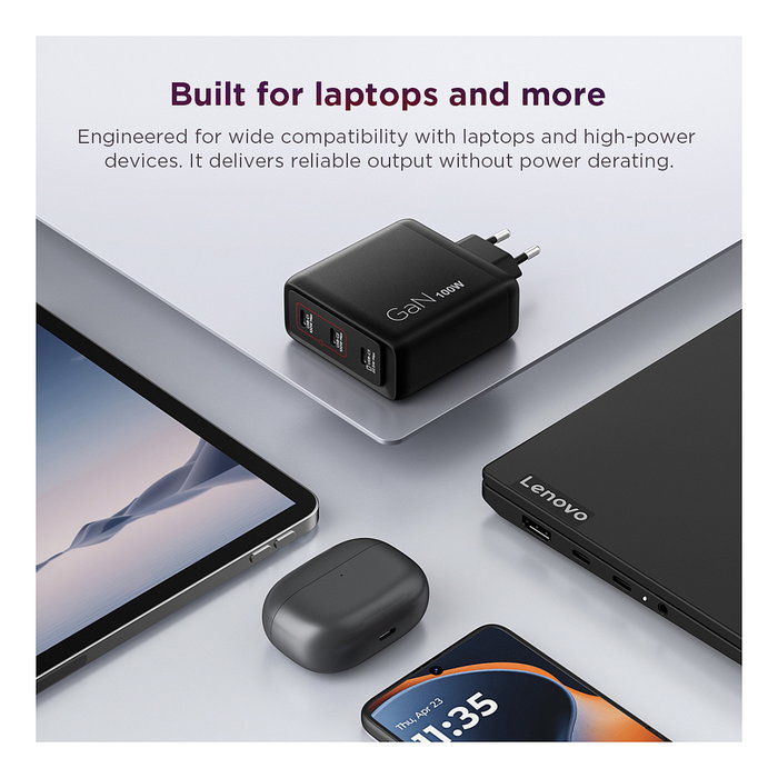 Lenovo 40AW100BEU Cargador Multi-puerto USB-C 100W GaN Negro con Cable de 1,8 m