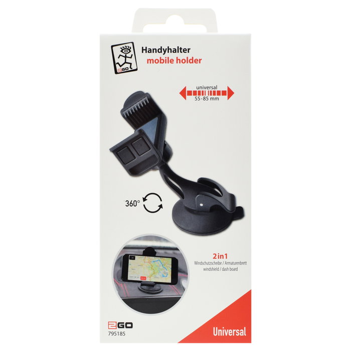 2GO Universal Passivhalter para Móvil/Navegador Coche Negro Soporte Ventosa Ancho 5-9 cm