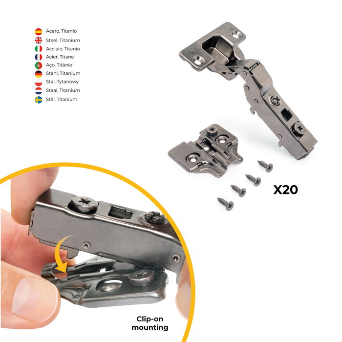 Emuca Lote de 20 bisagras codo X91 con cierre suave y suplementos para atornillar, Altura 0, Acero, Titanio Emuca Lote de 20 bisagras codo X91 con cierre suave y suplementos para atornillar, Altura 0, Acero, Titanio