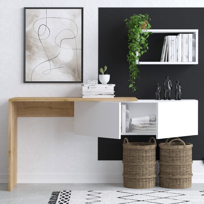 Hanah Home Escritorio de Estudio Blanco y Roble Ancho 145 cm x Alto 74 cm x Profundo 45 cm