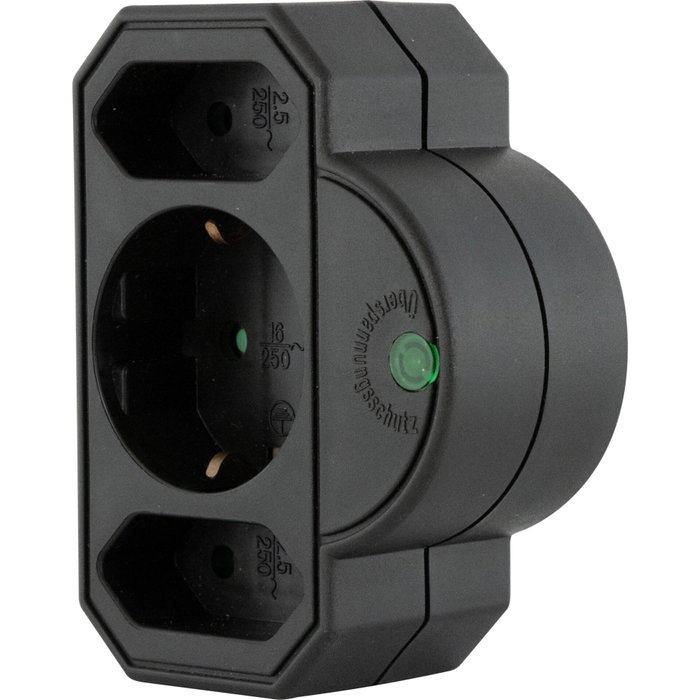 Rev Adaptador de enchufe triple con protección contra sobretensiones, negro Rev Adaptador de enchufe triple con protección contra sobretensiones, negro