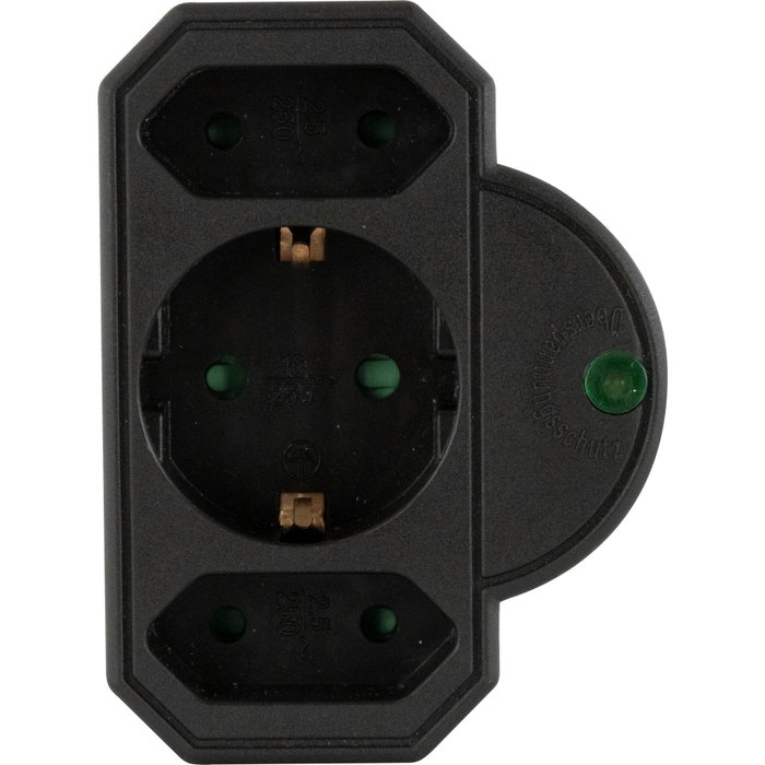 Rev Adaptador de enchufe triple con protección contra sobretensiones, negro Rev Adaptador de enchufe triple con protección contra sobretensiones, negro