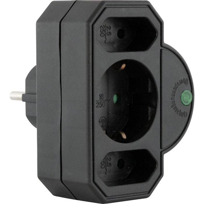 Rev Adaptador de enchufe triple con protección contra sobretensiones, negro Rev Adaptador de enchufe triple con protección contra sobretensiones, negro