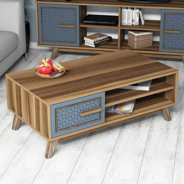 Hanah Home Mesa de Centro Walnut, Blue. Tablero Melamina 105x60x38.2cm. Diseño Moderno y Funcional.