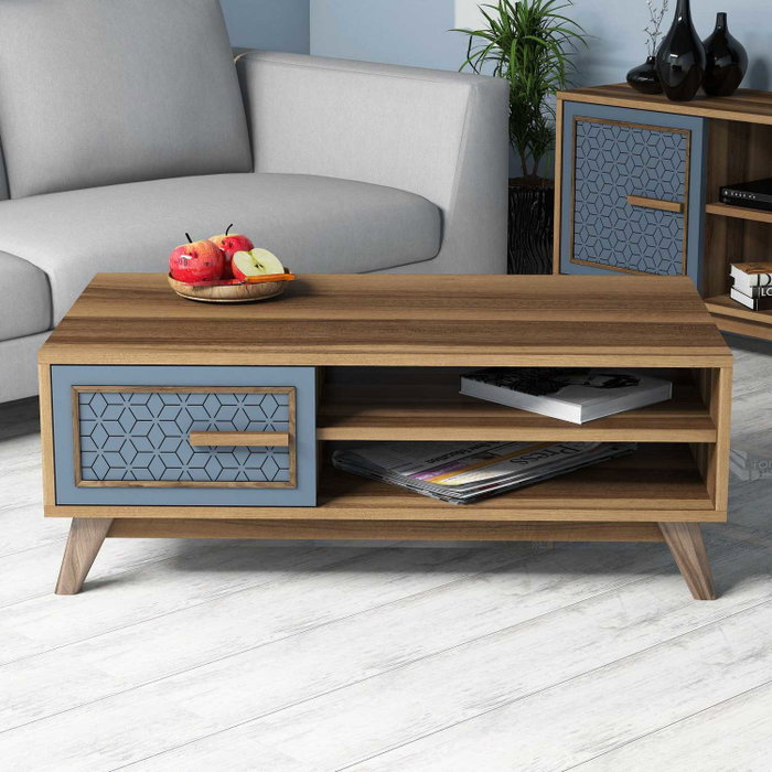 Hanah Home Mesa de Centro Walnut, Blue. Tablero Melamina 105x60x38.2cm. Diseño Moderno y Funcional.