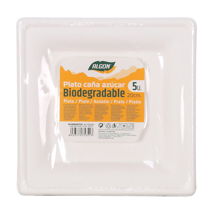 Algon Set 5 Platos Cuadrados Orgánicos de Caña 20 cm (24 Unidades)