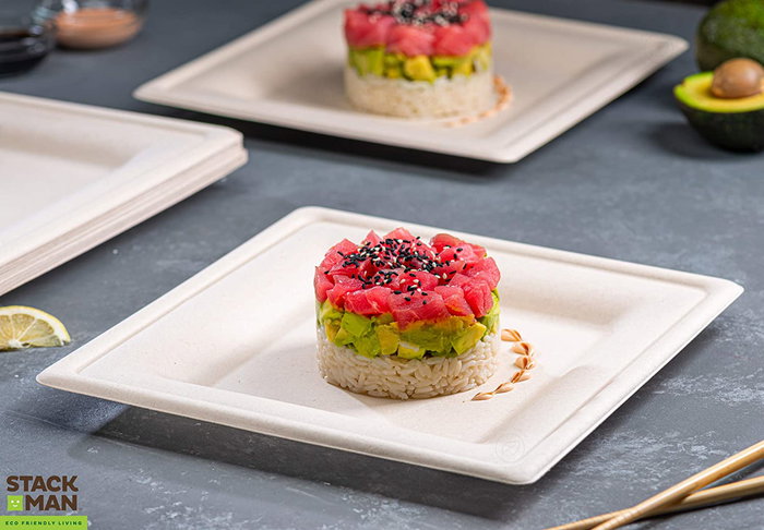 Algon Set 5 Platos Cuadrados Orgánicos de Caña 20 cm (24 Unidades)