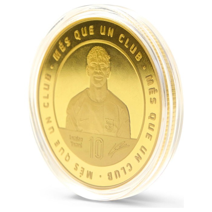 FC Barcelona Moneda Conmemorativa Coleccionista Lamine Yamal - Aleación Zamak Dorada en Cápsula Acrílica y Caja (Ø 4 cm)