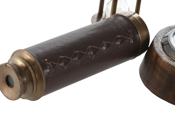 DKD Home Decor Set de 3 Piezas Regalo Vintage de Mango y Latón en Marron y Dorado con Brújula, Catalejo y Reloj de Arena 14 x 5 x 14 cm