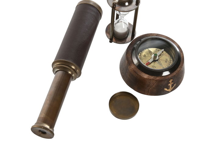 DKD Home Decor Set de 3 Piezas Regalo Vintage de Mango y Latón en Marron y Dorado con Brújula, Catalejo y Reloj de Arena 14 x 5 x 14 cm