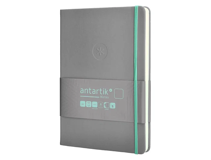 Antartik Cuaderno A5 Tapa Dura Hojas Lisas Gris y Turquesa 100 Hojas 80gr FSC Cierre Gomilla Bolsillo Sobre