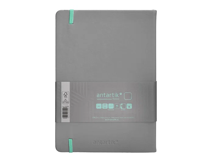 Antartik Cuaderno A5 Tapa Dura Hojas Lisas Gris y Turquesa 100 Hojas 80gr FSC Cierre Gomilla Bolsillo Sobre