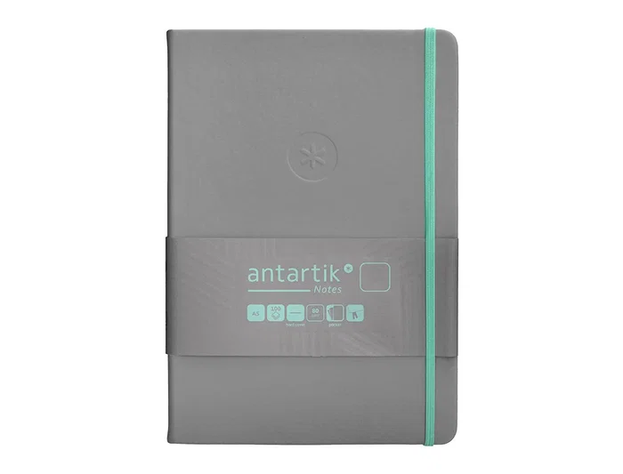 Antartik Cuaderno A5 Tapa Dura Hojas Lisas Gris y Turquesa 100 Hojas 80gr FSC Cierre Gomilla Bolsillo Sobre