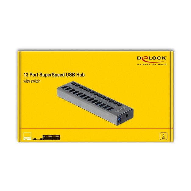 DeLOCK Concentrador USB 5 Gbps con 13 Puertos y Conmutadores Gris