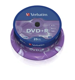 Verbatim DVD+R 16x 4.7GB Matt Silver - 25 Unidades en Tarrina para Grabación de Datos, Vídeo y Música