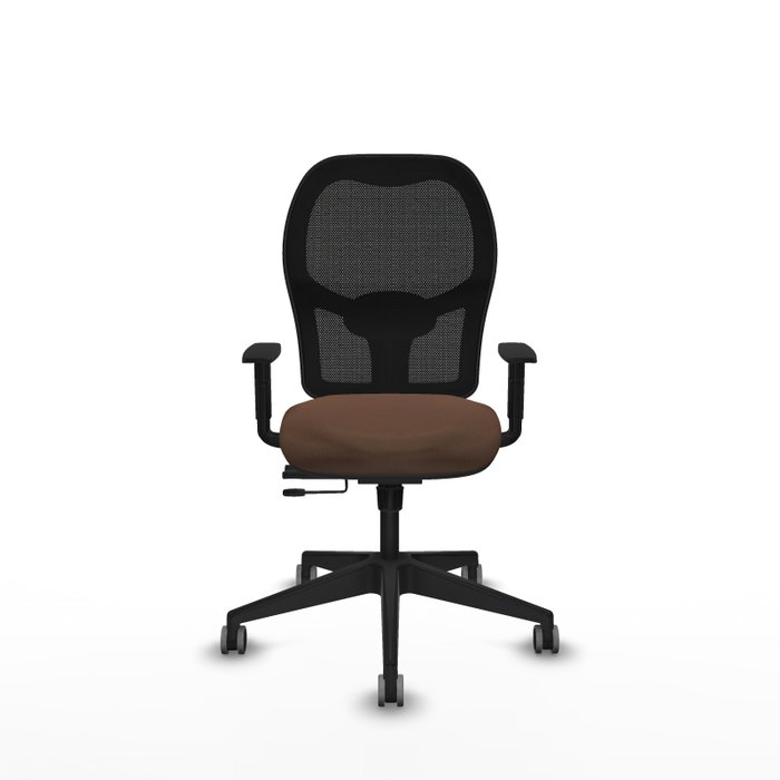 Silla de oficina Alocén con mecanismo Sincro/Traslack tapizada con Tela color Marrón oscuro y malla color Negro. Equipada con lumbar 1D, Brazos 1D y Ruedas 65 mm parqué