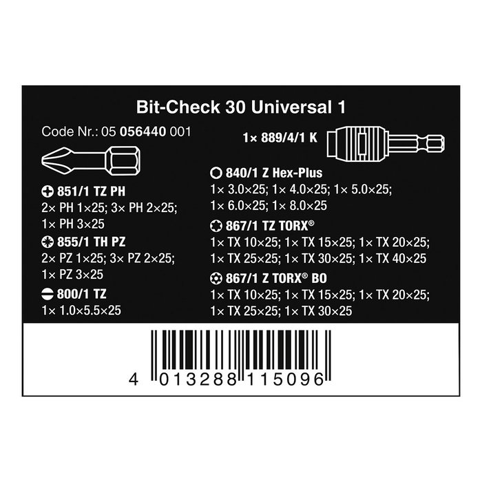 Wera Bit-Check Universal 1 - Maletín Compacto 30 Piezas Puntas de Apriete Incluye PH, PZ, TX y Llave Allen